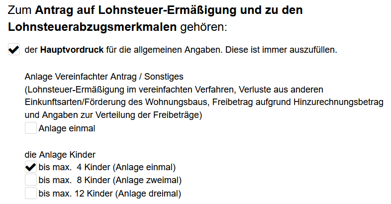 Auswahl der Anlage Kind im Hauptvordruck des FFW-Formulars